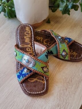 Sam Edelman HAGAN Green & Blue Embroidered Cross-Strap Slide Sandals